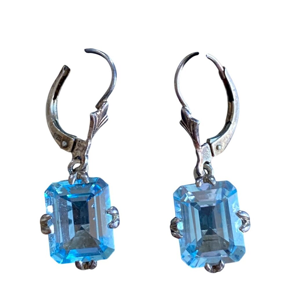 Vintage Sterling Silver 925 Earrings With Blue Sapphire Gemstones & Leverback Cl